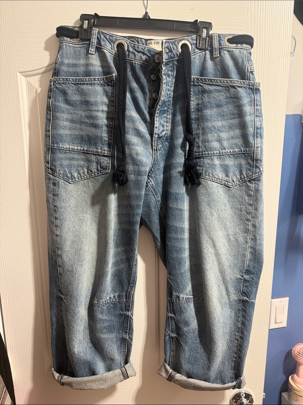 Free People We The Free Moxie Light Blue Barrel Jeans with Black Drawstring